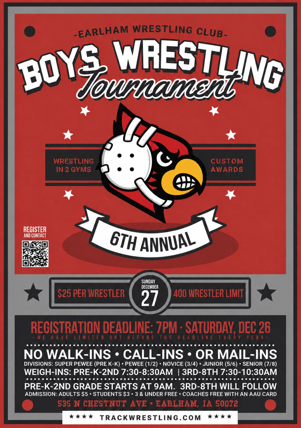 6th Annual Earlham Wrestling Club Boys Wrestling Tournament flyer